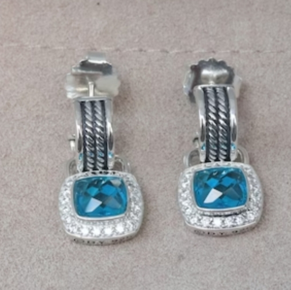 New David Yurman Diamond and Blue Topaz dangle Albion earrings sterling silver